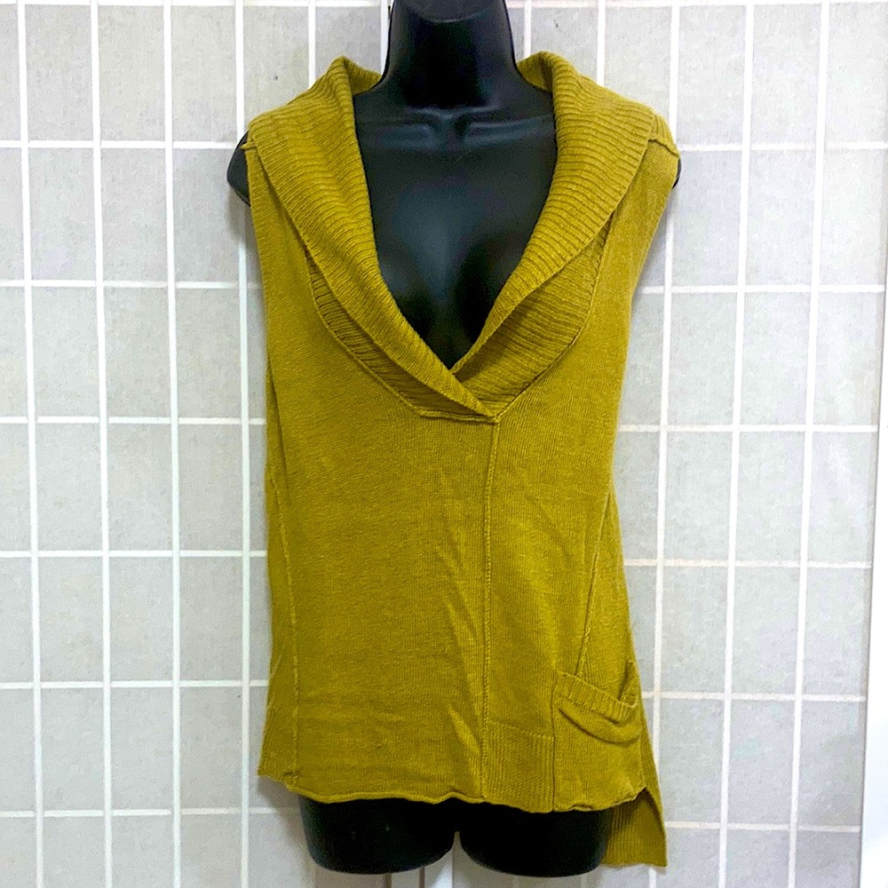 EILEEN FISHER 100% Linen Mustard Green/Yellow Wrap Collar Tunic Sleeveless Top S